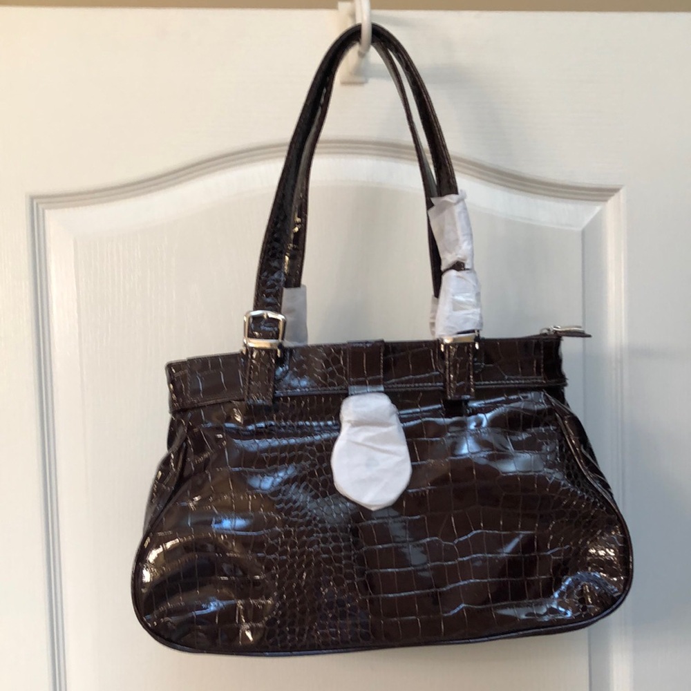 Elegant Designer Brown Crocodile-Embossed Handbag  -  NEW